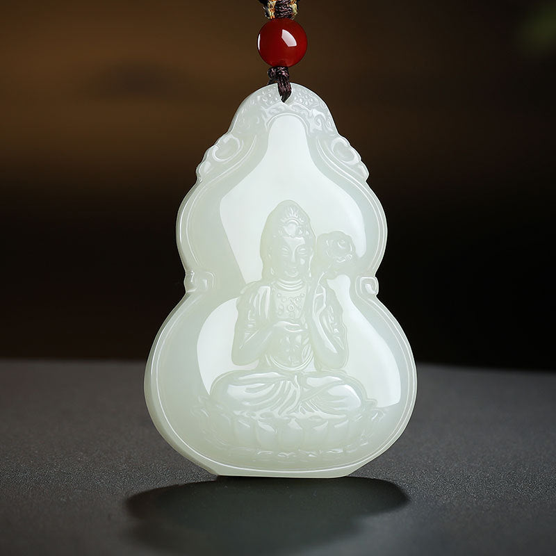 Hetian Jade Pendant, Gourd & Zodiac Patron Buddha Guanyin Charms, Unisex Jade Hanging Ornament
