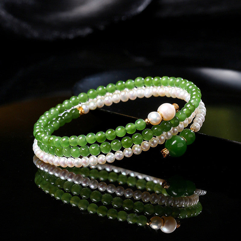 High-oil Apple Green Hetian Jasper Multi-loop Bracelet, Small Bead Bangle Style, Festival Gift