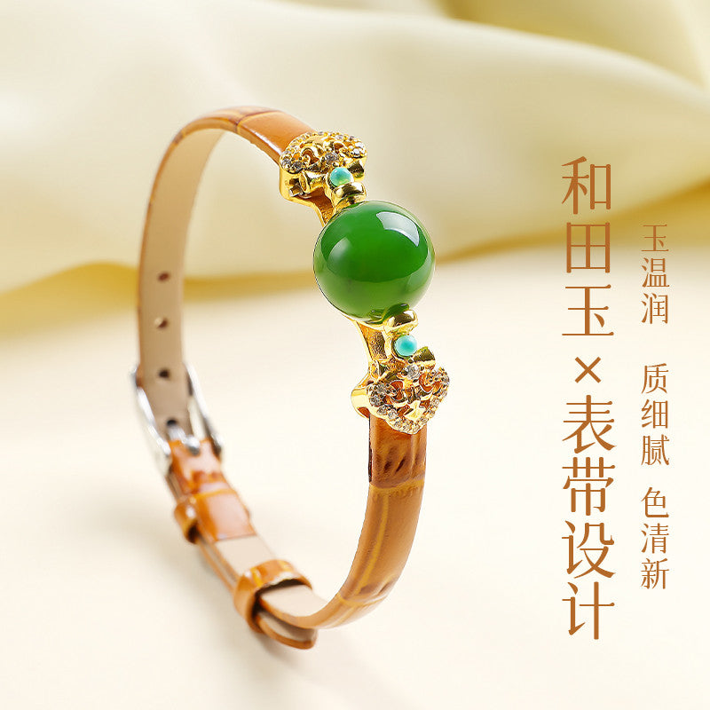 Rotatable Barrel Bead Jade Bracelet, Hetian Jade & Jadeite Wristband with Pixiu, Gift