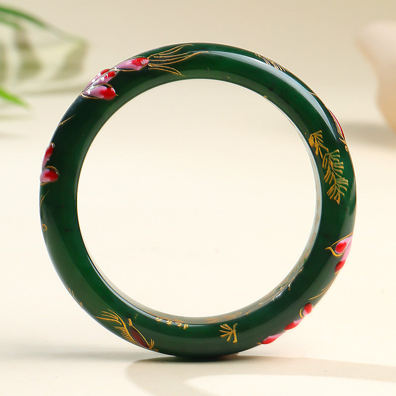 Blooming Splendor Hetian Jasper Bangle, Spinach Green Carved Bangle, Multiple Sizes Available