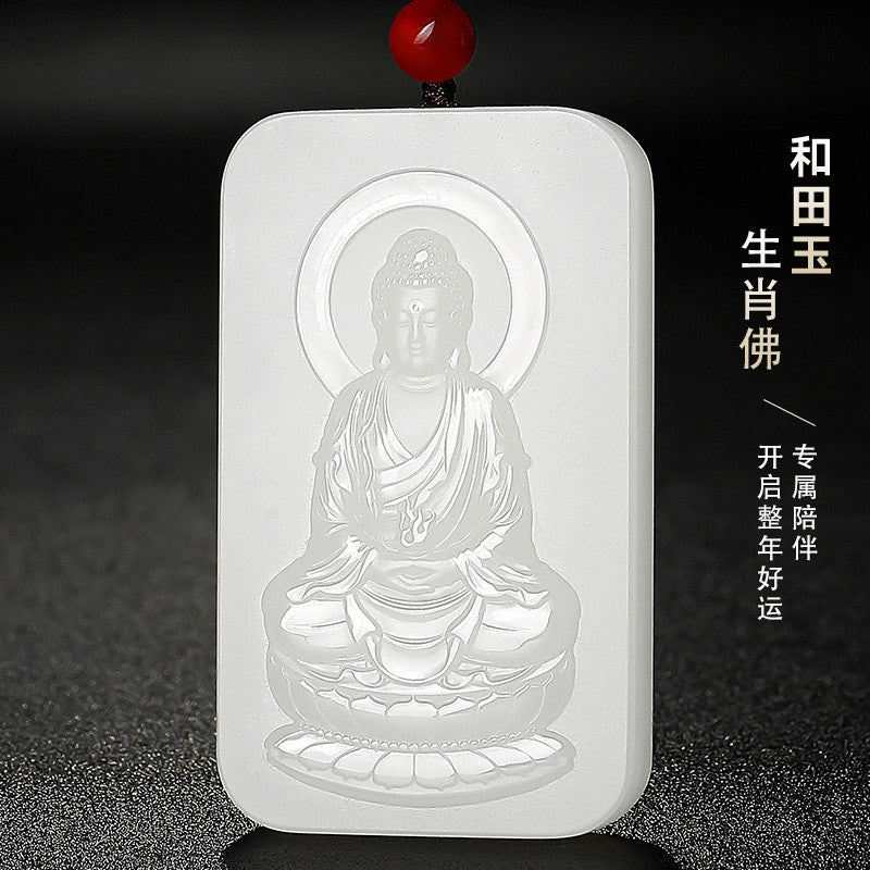 Grease-like White Hetian Jade Pendant, Double-sided Carved Eight Zodiac Guardian Buddhas, Festival Gift