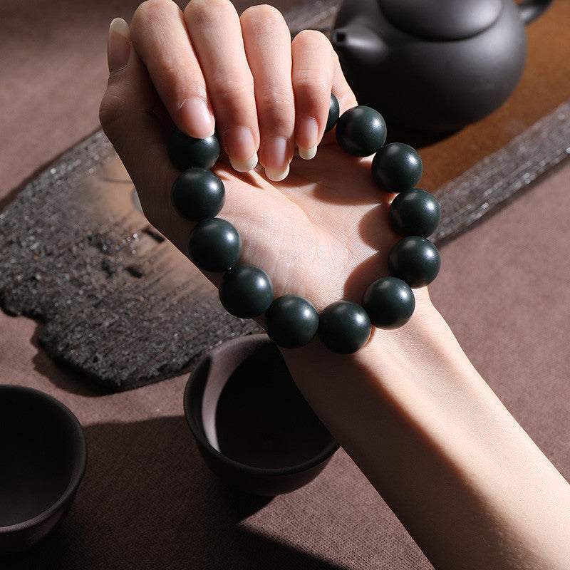 Unisex Cyan Hetian Jade Round Bead Single-row Bracelet