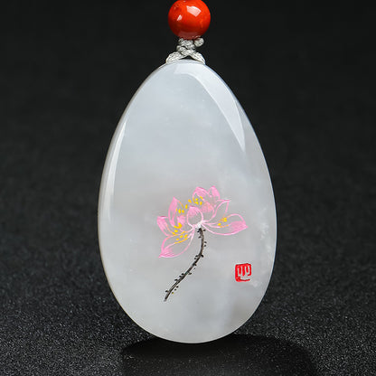 [Unique Item] Hetian Jade Pendant with Artistic Line-Carved Lotus, Unisex Jade Charm, Holiday Gift With Certificate