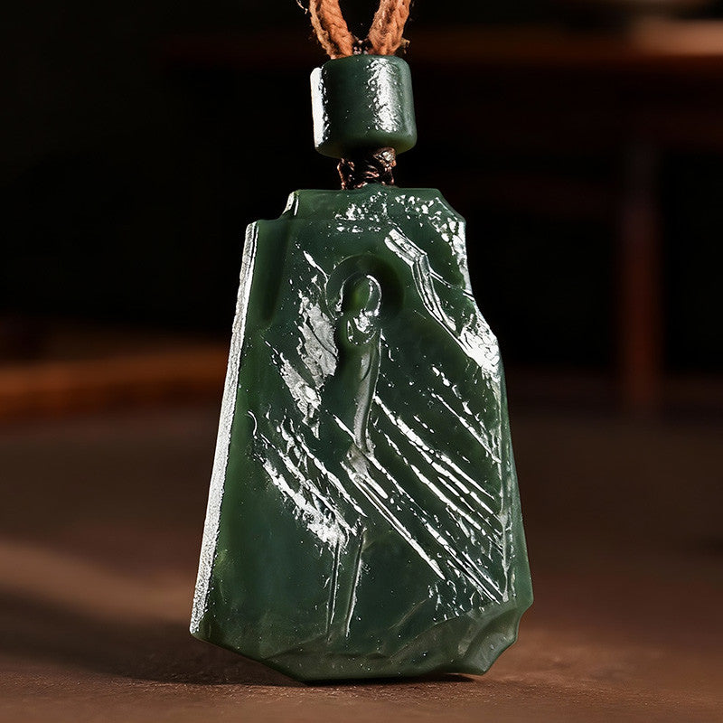 Retro-style Hetian Green Jade Pendant, Enlightenment Carving with Ancient Patterns, Festival Gift