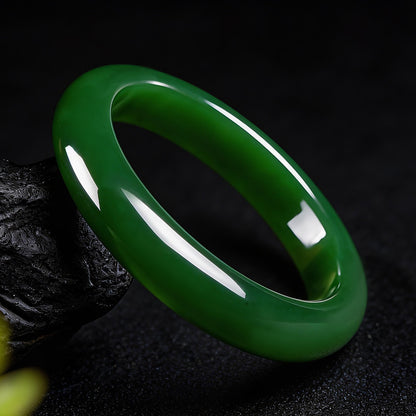 Collectible Grade Hetian Jasper Bangle, Oily Spinach Green Wide Band Women Jade Bracelet