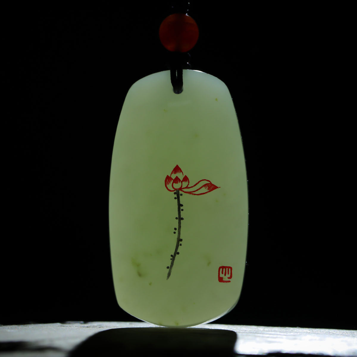 Master's Unique Piece, Hetian Jade Plain Pendant with Linear Carved Lotus, Unisex Jade Plaque