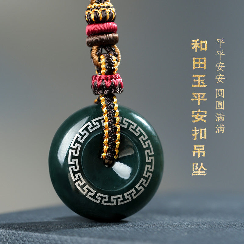 Hetian Jade Safety Buckle Pendant, Craft Heritage Series, Intangible Cultural Heritage Gold-Silver Inlay Technique, Swastika Pattern, Auspicious & Safe Ornament