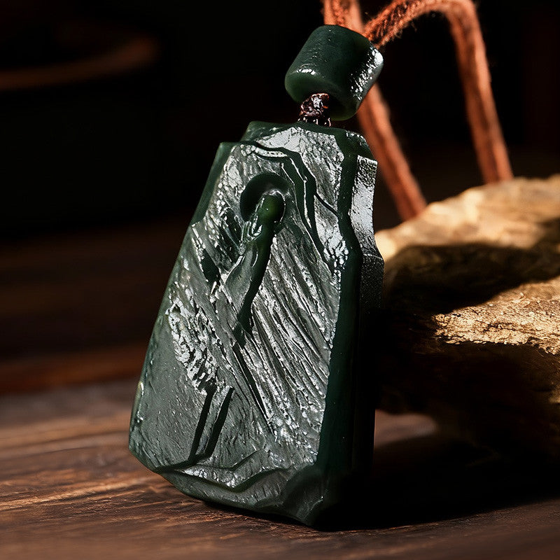 Retro-style Hetian Green Jade Pendant, Enlightenment Carving with Ancient Patterns, Festival Gift