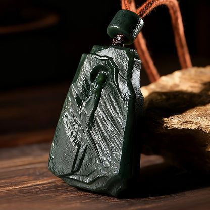 Retro-style Hetian Green Jade Pendant, Enlightenment Carving with Ancient Patterns, Festival Gift