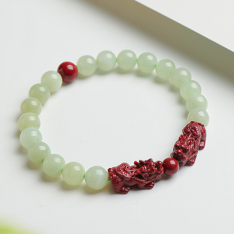 Five-way God of Wealth Pixiu Hetian Jade Bracelet, Unisex Auspicious Beast Beaded Bracelet