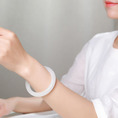 Women's Hetian White Jade Bangle, Moist White Round Jade Bracelet, With Certificate