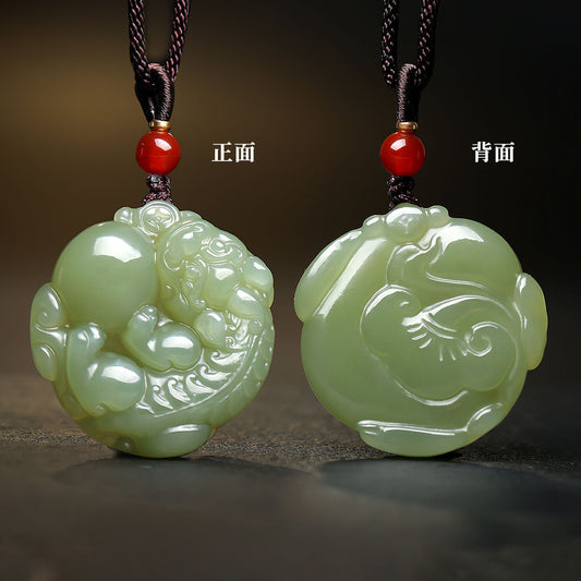 Pale Green Hetian Jade Double-Sided Carved Pixiu Pendant, Unisex Auspicious Beast Jade Charm, With Certificate & Collectible Value