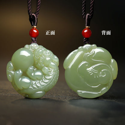 Pale Cyan Hetian Jade Double-sided Carved Pixiu Pendant, Unisex Fortune Beast Jade Charm