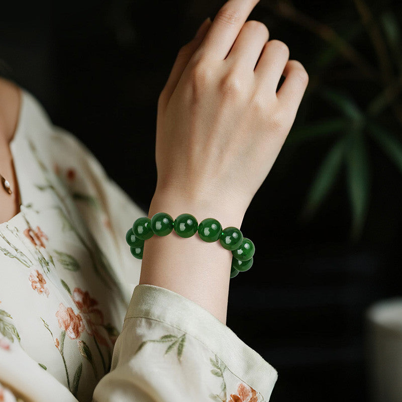 High-quality Hetian Jasper Bracelet, Slight Black Spinach Green Round Beads Jade Bangle, Festival Gift