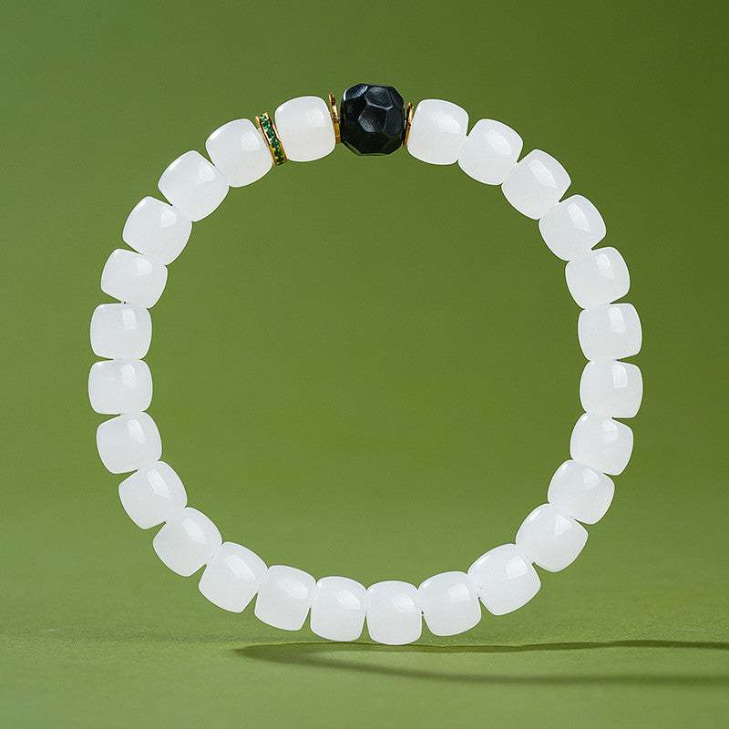 Custom-made White Hetian Jade Straight-cut Plain Bead Bracelet, Unisex Single-loop Jade Bangle