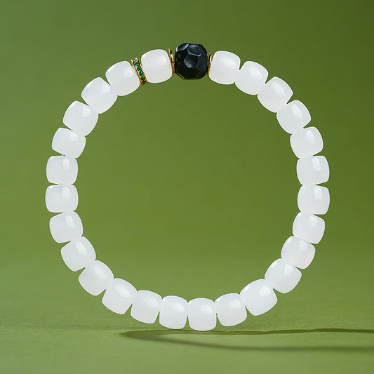 Custom-made White Hetian Jade Straight-cut Plain Bead Bracelet, Unisex Single-loop Jade Bangle