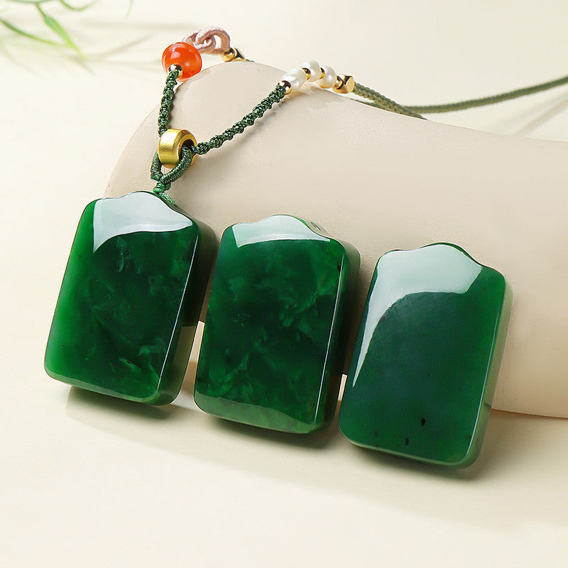 Spinach Green Hetian Jasper Plain Plaque Pendant for Women, No-Carve Peace Jade Holiday Gift
