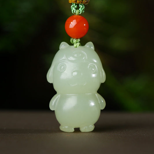 Pale Cyan & Clear Water Green Hetian Jade Zodiac Pendant, Cute Animal Design, Unisex Jade Ornament
