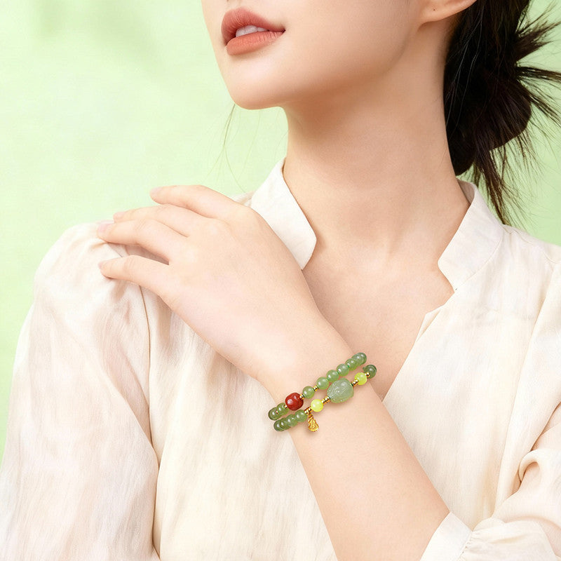 Icy Clear Water Light Cyan Hetian Jade Double-row Bracelet with Pixiu, Fashion Versatile Jewelry, Festival Gift