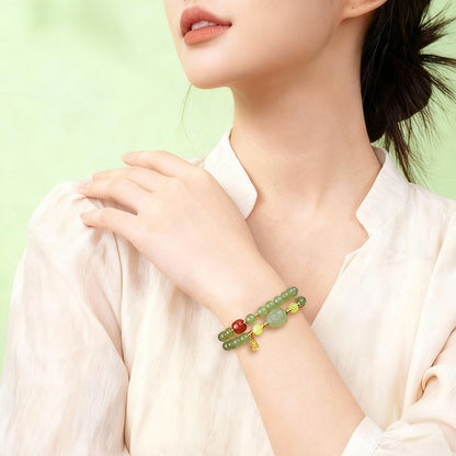 Icy Clear Water Light Cyan Hetian Jade Double-row Bracelet with Pixiu, Fashion Versatile Jewelry, Festival Gift