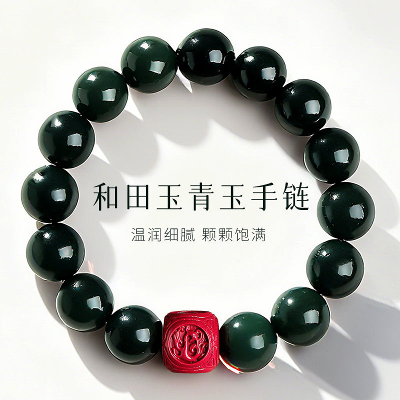 Dark Green Hetian Jade Barrel Bead Bracelet with Cinnabar Pixiu, Unisex Multi-gemstone Lucky Bracelet