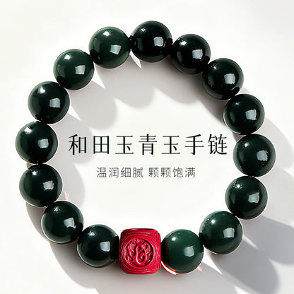 Dark Green Hetian Jade Barrel Bead Bracelet with Cinnabar Pixiu, Unisex Multi-gemstone Lucky Bracelet