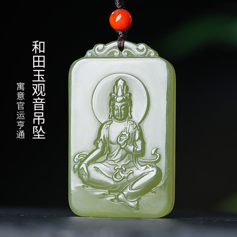 Men's Hetian Pale Cyan Jade Pendant, Clear Water Tone Guanyin Jade Charm, Festival Gift
