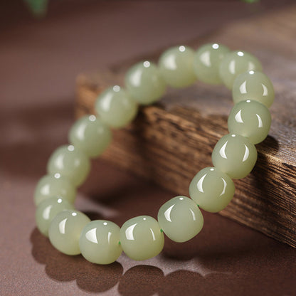 Natural Hetian Jade Clear Water Old-Style Bead Bracelet, Plain Circle Jade Bangle with Certificate, Collectible Elegant Daily Jewelry