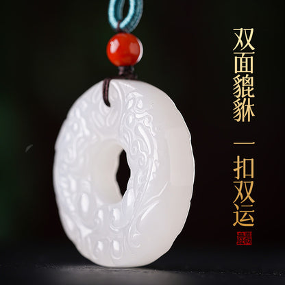 Unisex Hetian White Jade Pendant, Double-Sided Carved Pixiu & Safety Buckle Jade Charm