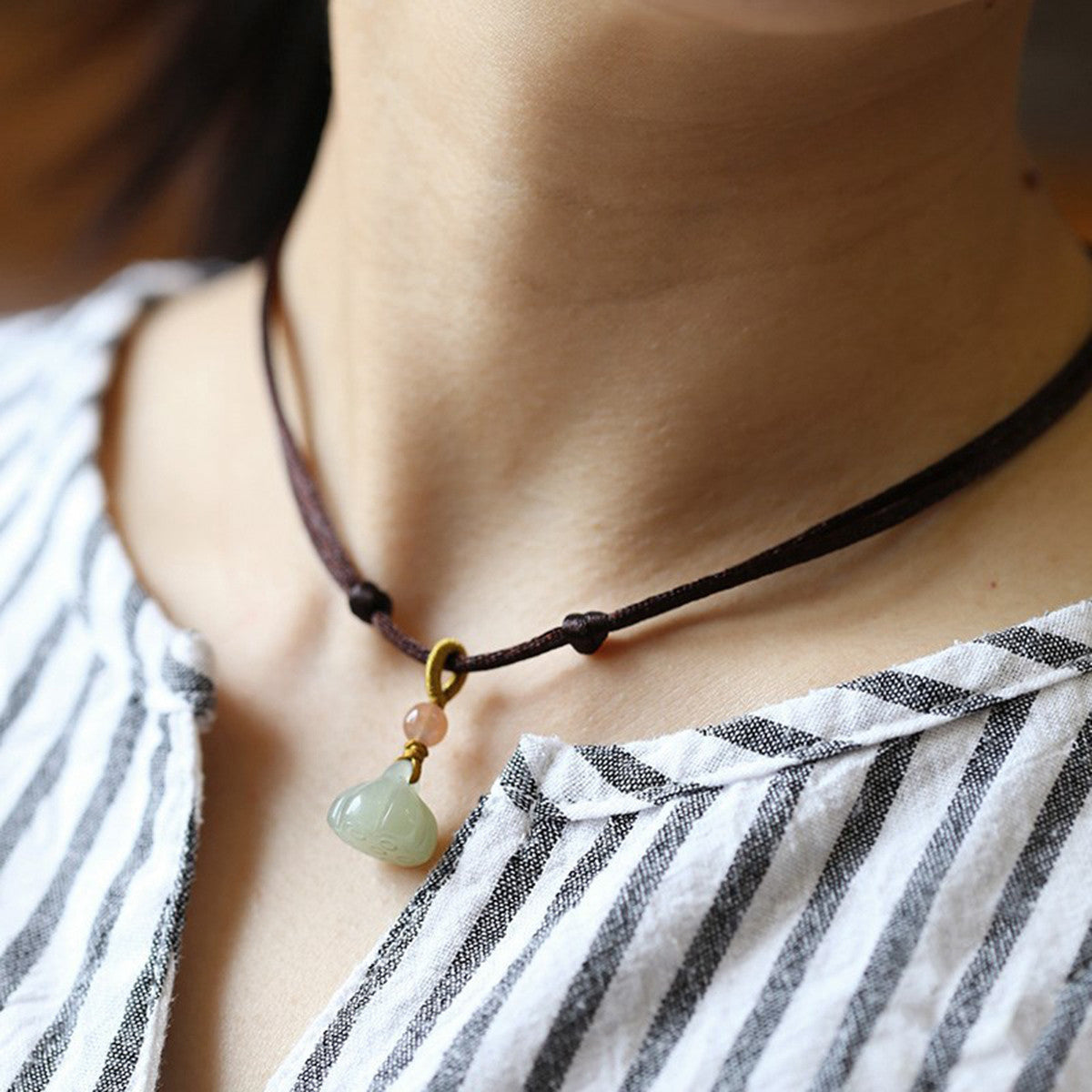 Kids Natural Hetian Jade Necklace, Lotus Pod & Peace Buckle Pendant, Minimalist Literary Style