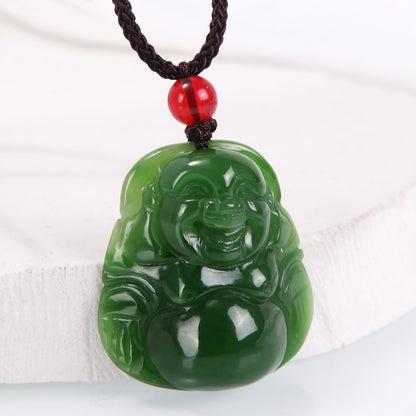 Natural Hetian Jasper Buddha Pendant, Vivid Green Jade Pendant & Round Buckle, Unisex Jade Jewelry