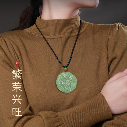 Double-Sided Carved Dark Green Hetian Jade Nine-Dragon Pendant, Unisex Jade Ornament