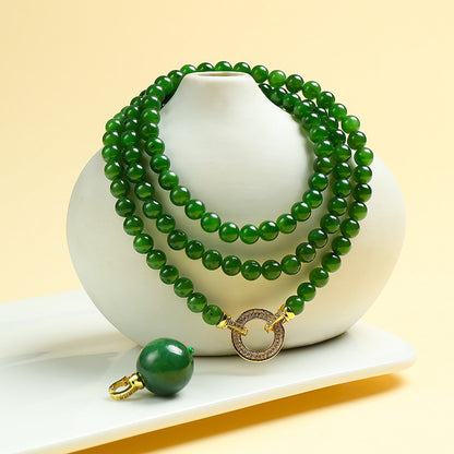 High-Oily Spinach Green Hetian Jasper Round Bead Necklace, Multi-use Sweater Chain