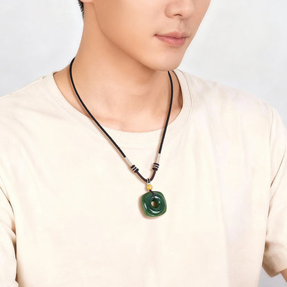 Square & Round Blessing｜High-Oil Spinach Green Jasper Heaven-Earth Style Hetian Jade Safety Buckle Pendant Unisex