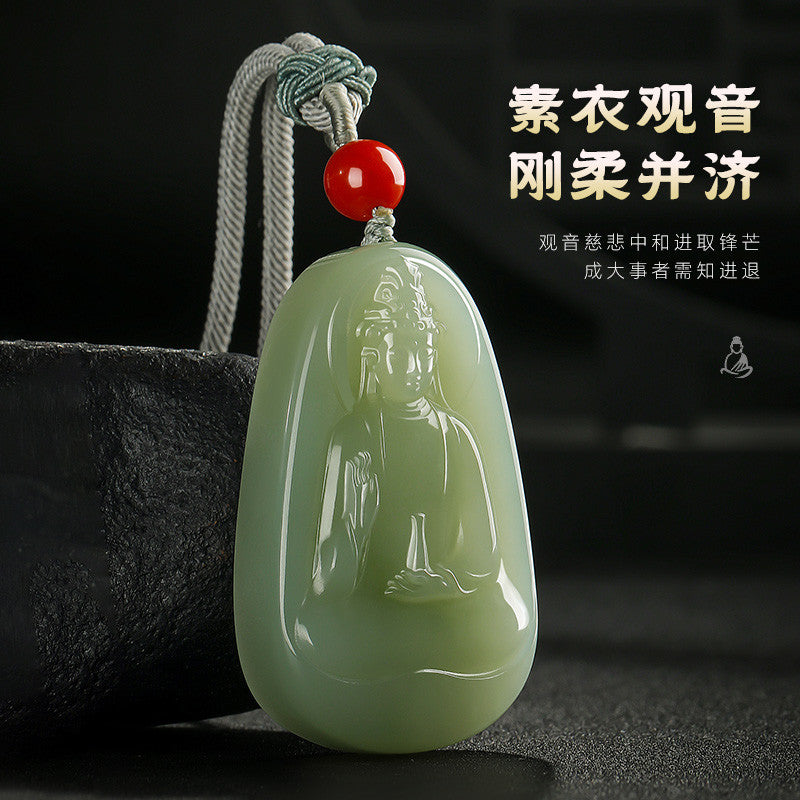 Plain Robe Guanyin Pale Cyan Hetian Jade Pendant for Men