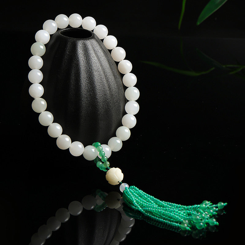 Tianshan Green Jade Bracelet & Handheld Ornament, Round Beads with Tassel, Fresh Style Gift