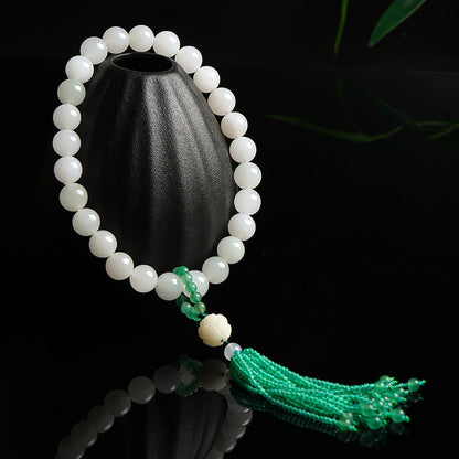 Tianshan Green Jade Bracelet & Handheld Ornament, Round Beads with Tassel, Fresh Style Gift