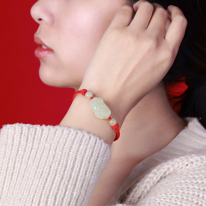 Pale Cyan Hetian Jade Pixiu Bracelet, Adjustable Couple Rope Bracelet, Birthday & Festival Gift for Men Women