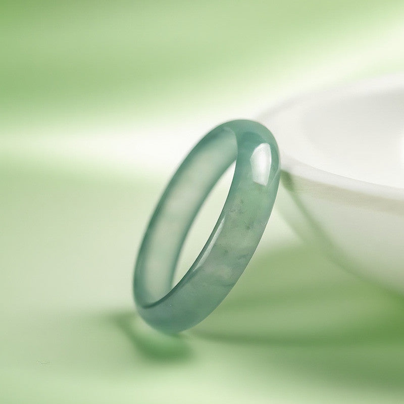 Moist Translucent Jadeite Ring, High-Icy Blue Water Plain Band Ring for Men & Women