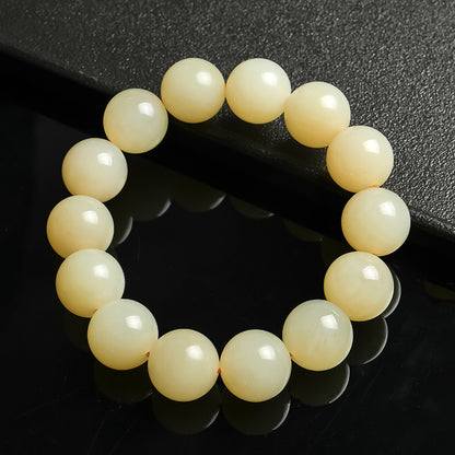 Unisex Hetian Jade Bracelet, Honey Water Tone Glossy Round Beads