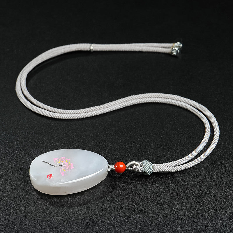 [Unique Item] Hetian Jade Pendant with Artistic Line-Carved Lotus, Unisex Jade Charm, Holiday Gift With Certificate