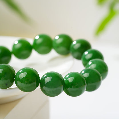 Unisex Spinach Green Hetian Jasper Round Bead Single-loop Bracelet