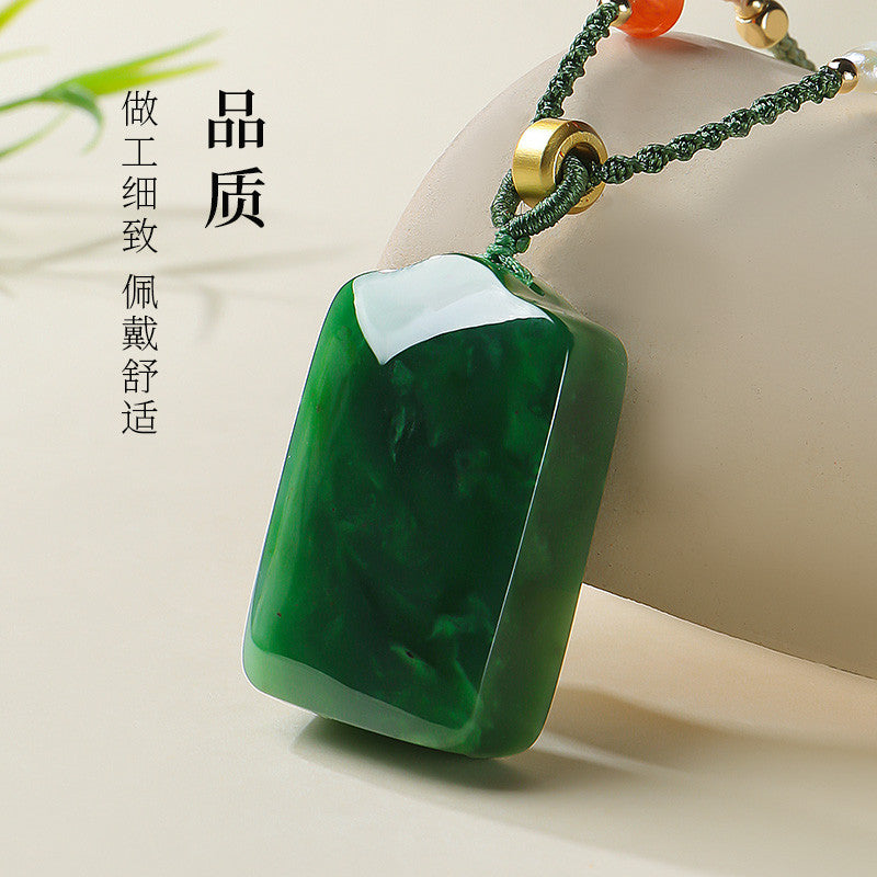 Spinach Green Hetian Jasper Plain Plaque Pendant for Women, No-Carve Peace Jade Holiday Gift