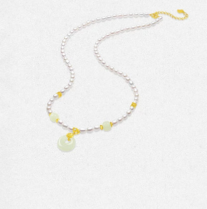 Certified Freshwater Rice Pearl Necklace Hetian Jade Peace Buckle Pendant Choker Collectible Jewelry Birthday Gift for Women