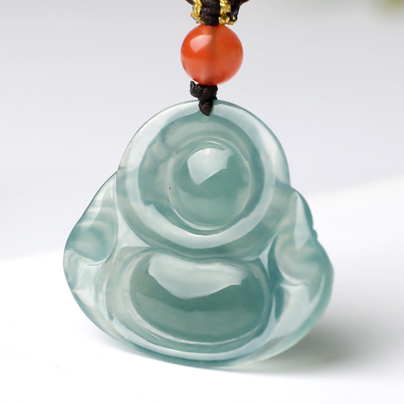 Icy Transparent Blue Water Jadeite Big Belly Maitreya Buddha Pendant, Women's Style, Festival Gift