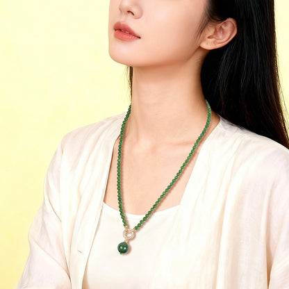 High-Oily Spinach Green Hetian Jasper Round Bead Necklace, Multi-use Sweater Chain