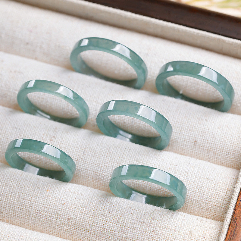 Moist Translucent Blue Water Straight-Cut Jadeite Ring, Women Finger Jewelry Holiday Gift