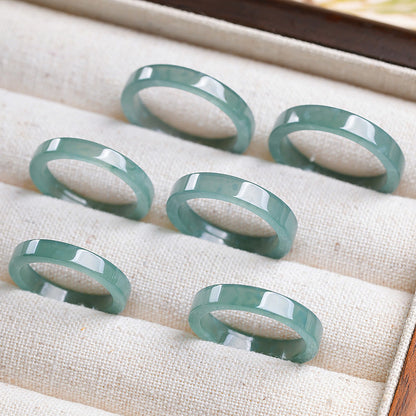 Moist Translucent Blue Water Straight-Cut Jadeite Ring, Women Finger Jewelry Holiday Gift