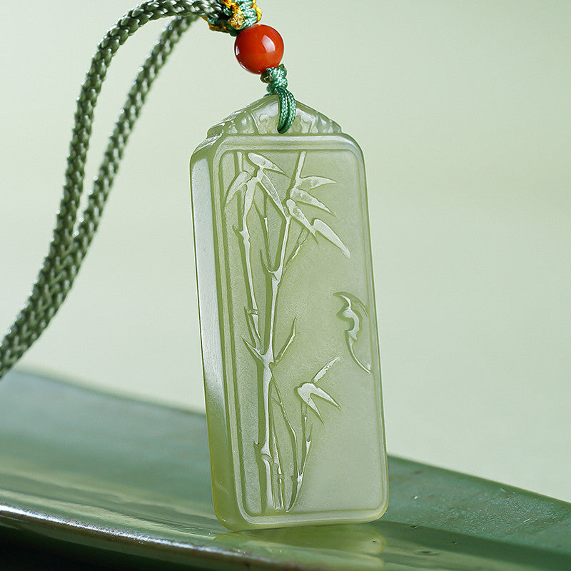 Hetian Pale Cyan Clear Water Bamboo Pendant, Rising Step by Step Plaque, Festival Gift