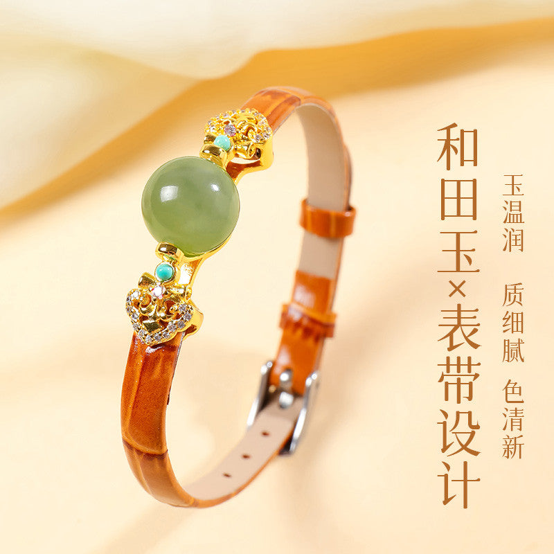 Rotatable Barrel Bead Jade Bracelet, Hetian Jade & Jadeite Wristband with Pixiu, Gift